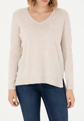 Kadın Krem Melanj V Yaka Basic Kazak - 50269016005