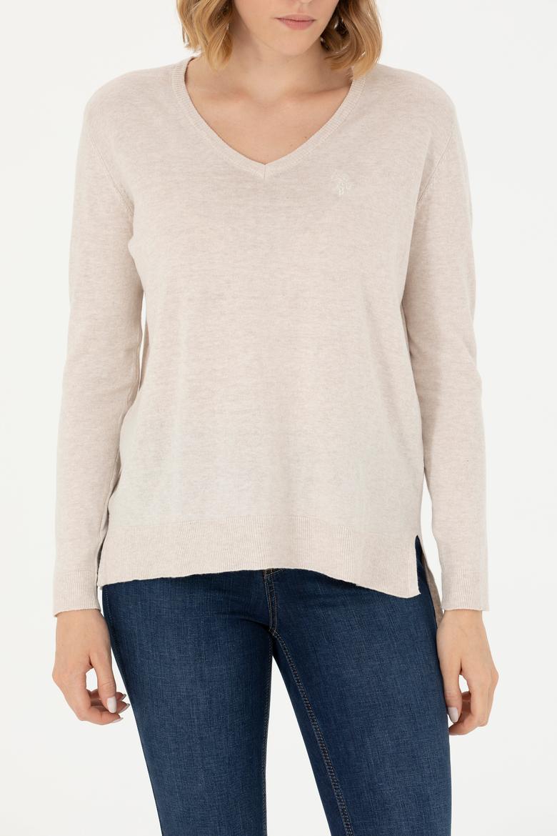 Kadın Krem Melanj V Yaka Basic Kazak - 50269016005