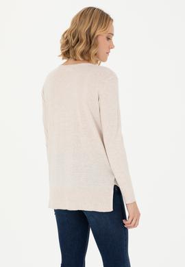 Kadın Krem Melanj V Yaka Basic Kazak - 50269016005