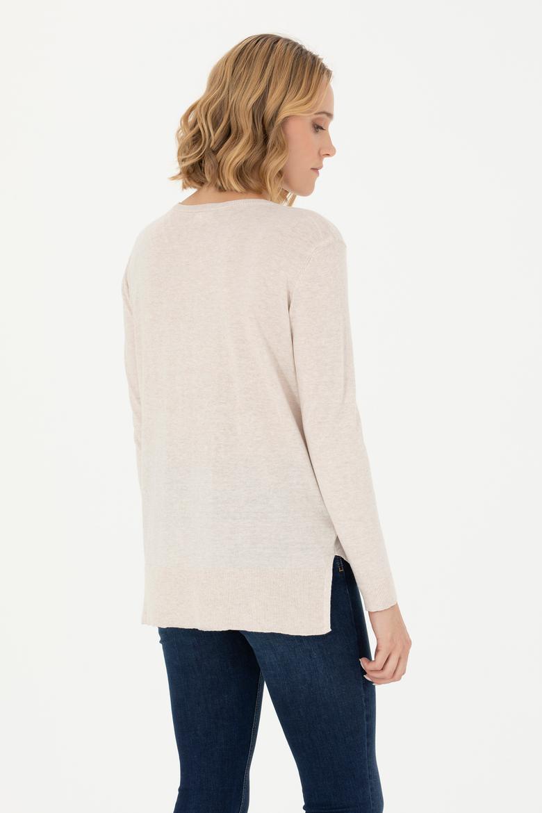 Kadın Krem Melanj V Yaka Basic Kazak - 50269016005