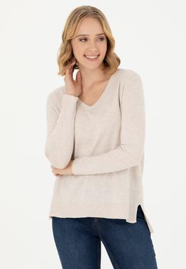 Kadın Krem Melanj V Yaka Basic Kazak - 50269016005
