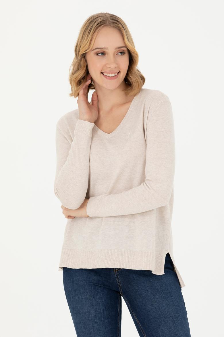 Kadın Krem Melanj V Yaka Basic Kazak - 50269016005