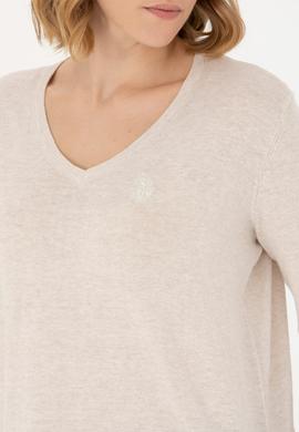 Kadın Krem Melanj V Yaka Basic Kazak - 50269016005