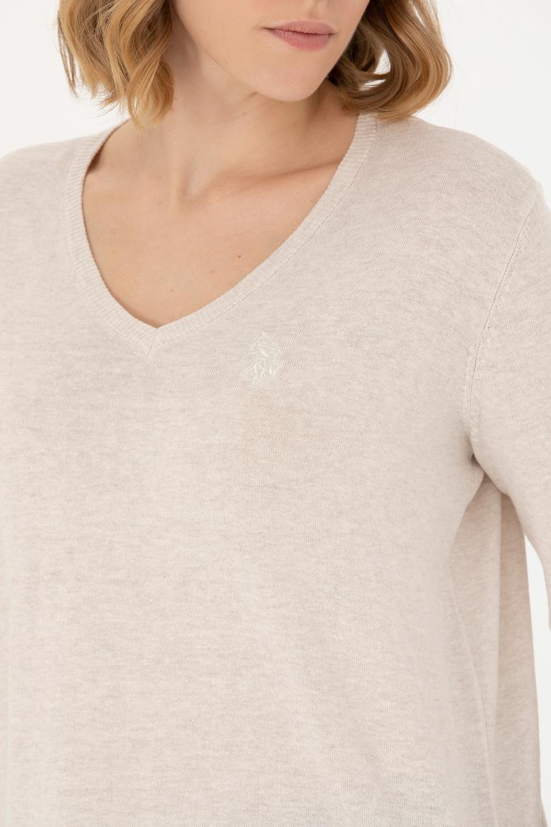 Kadın Krem Melanj V Yaka Basic Kazak - 50269016005