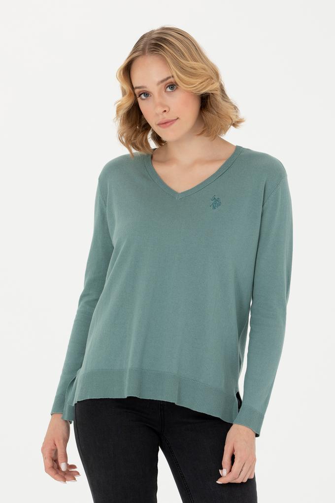 Kadın Mint V Yaka Basic Kazak