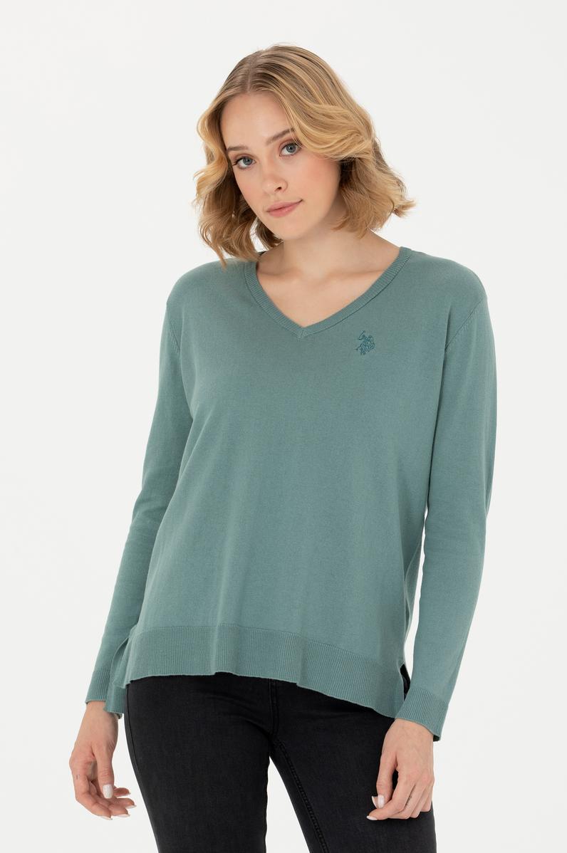 Kadın Mint V Yaka Basic Kazak