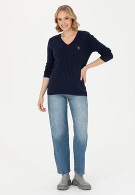 Kadın Lacivert V Yaka Basic Kazak - 50269019003