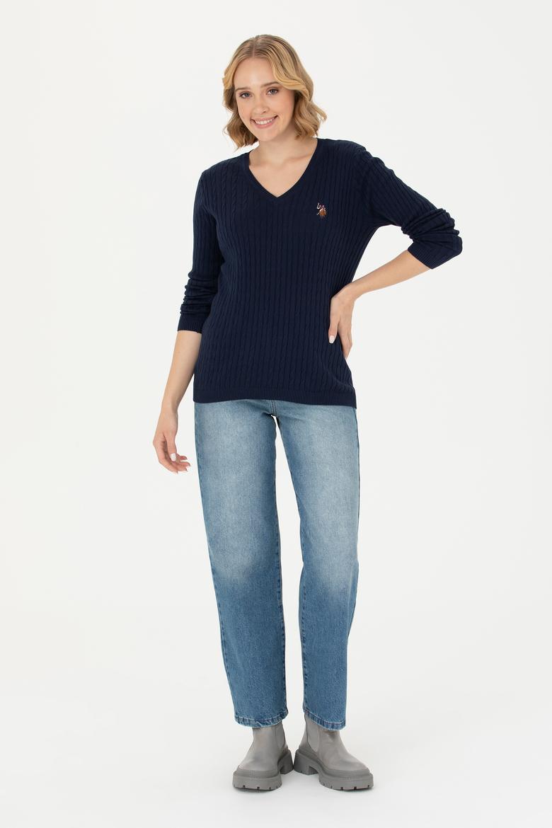 Kadın Lacivert V Yaka Basic Kazak - 50269019003