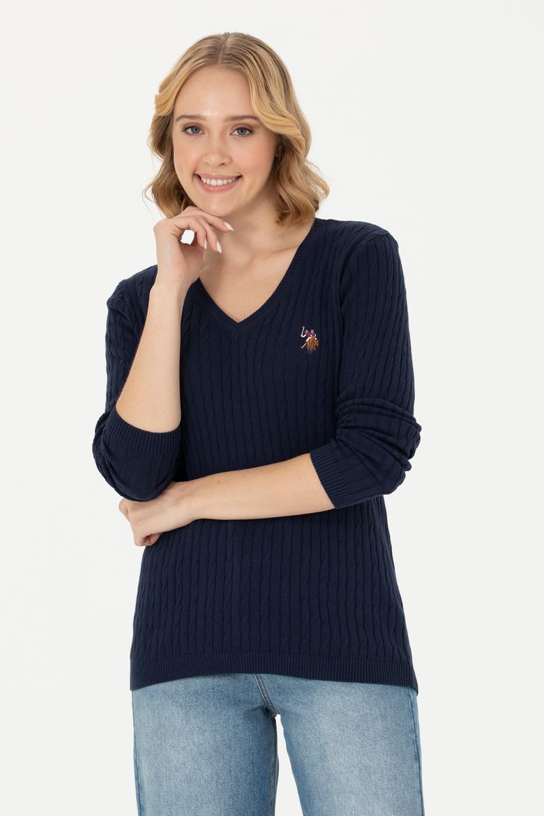 Kadın Lacivert V Yaka Basic Kazak - 50269019003