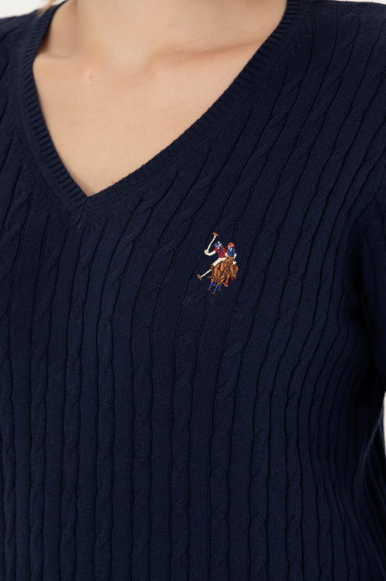 Kadın Lacivert V Yaka Basic Kazak