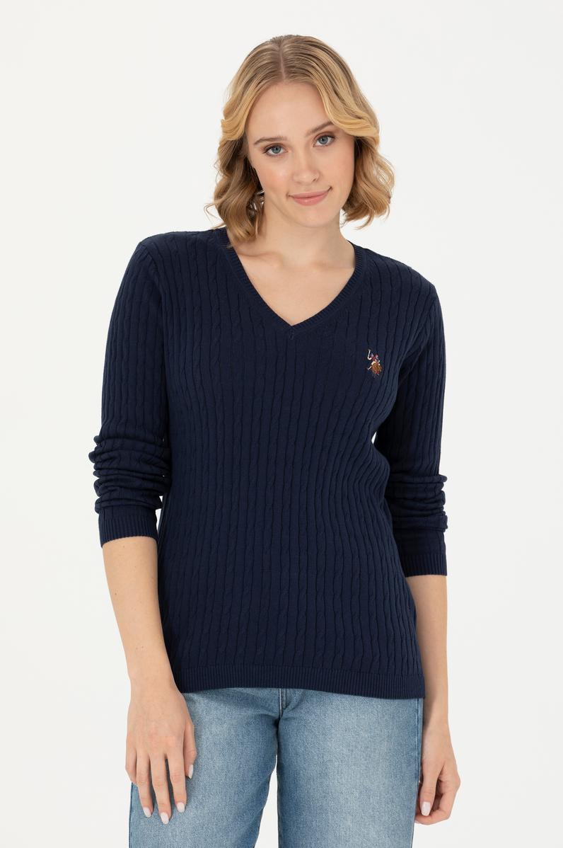 Kadın Lacivert V Yaka Basic Kazak