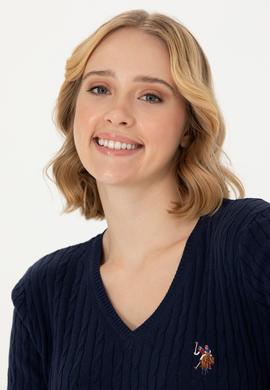 Kadın Lacivert V Yaka Basic Kazak - 50269019003