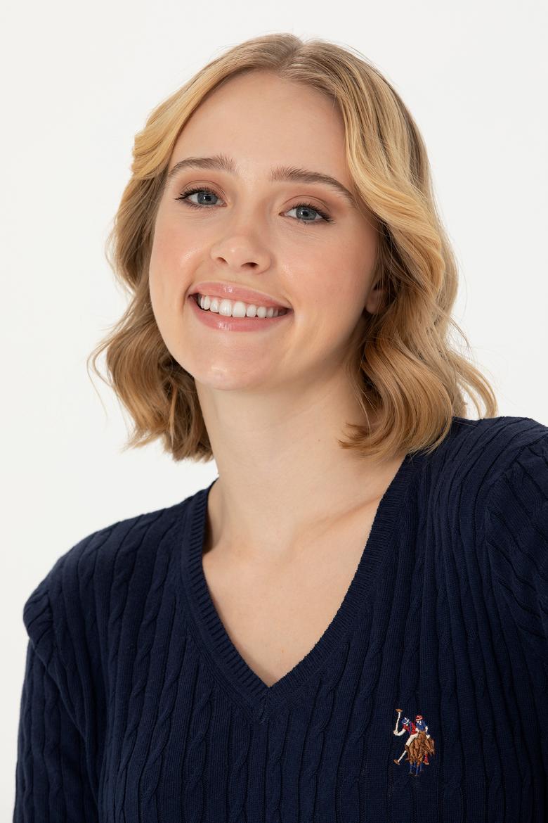 Kadın Lacivert V Yaka Basic Kazak - 50269019003