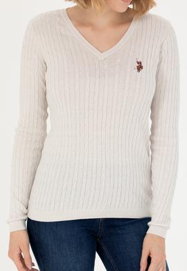 Kadın Ekru V Yaka Basic Kazak - 50269019069