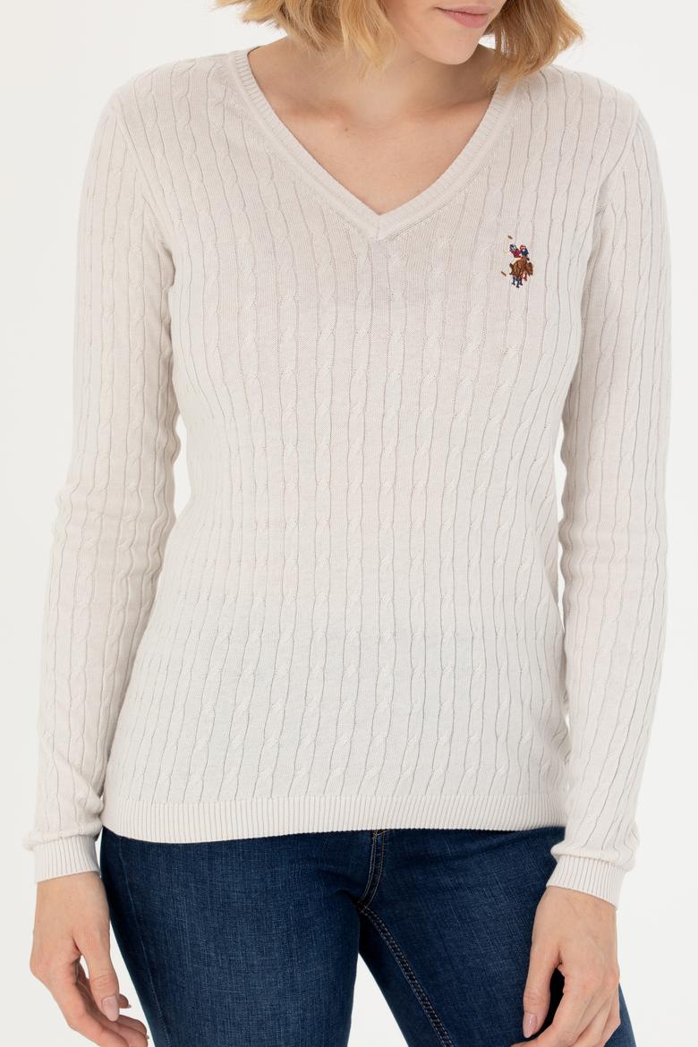 Kadın Ekru V Yaka Basic Kazak - 50269019069