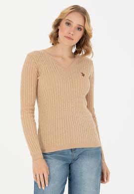 Kadın Kum Melanj V Yaka Basic Kazak - 50269019083