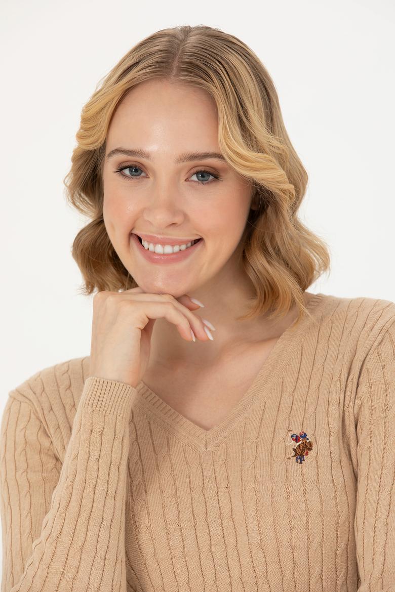 Kadın Kum Melanj V Yaka Basic Kazak - 50269019083