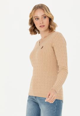 Kadın Kum Melanj V Yaka Basic Kazak - 50269019083