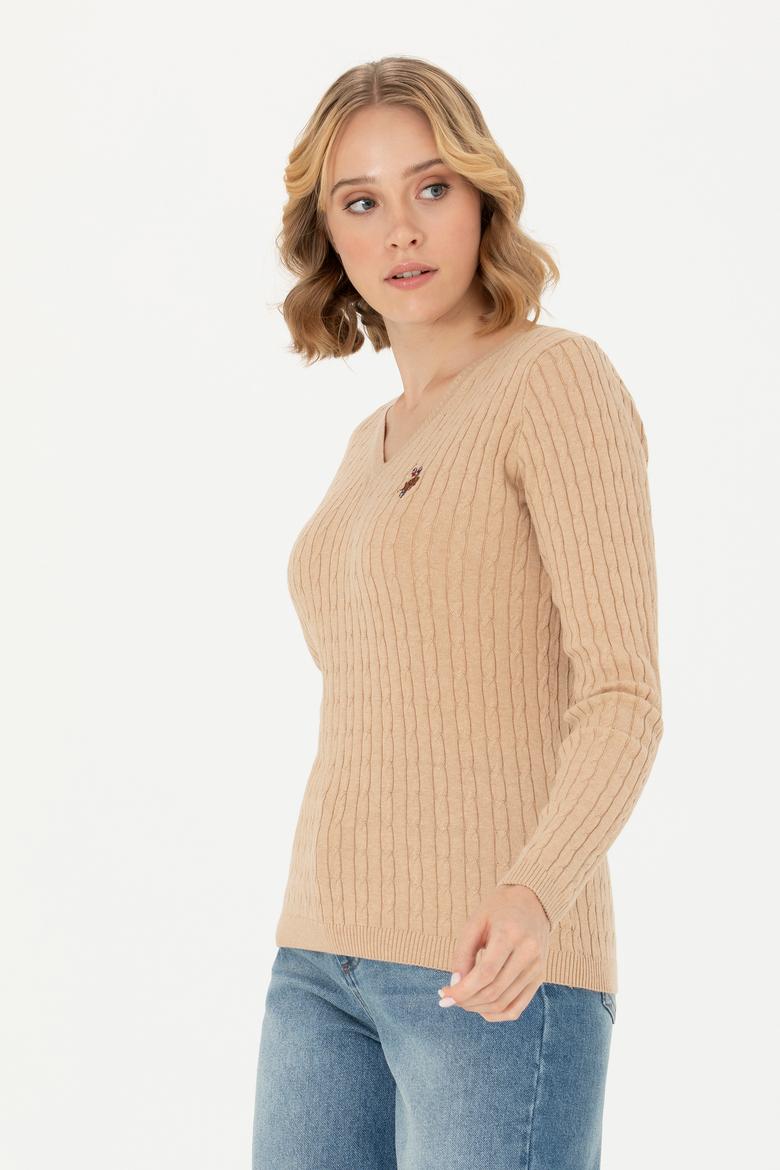 Kadın Kum Melanj V Yaka Basic Kazak - 50269019083