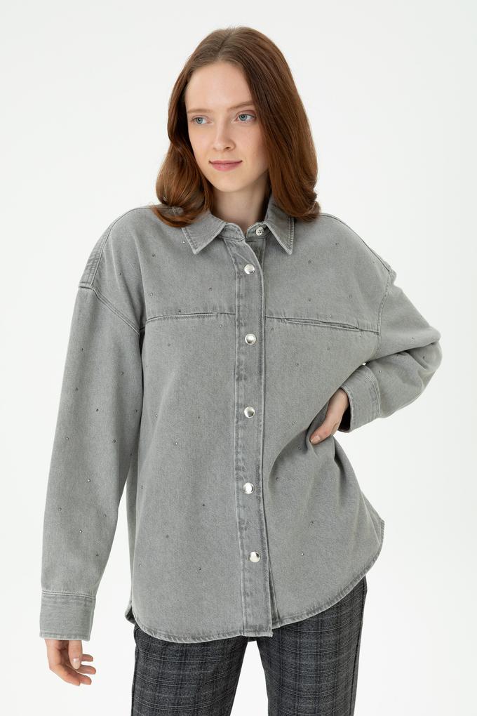 Kadın Gri Jean Gömlek