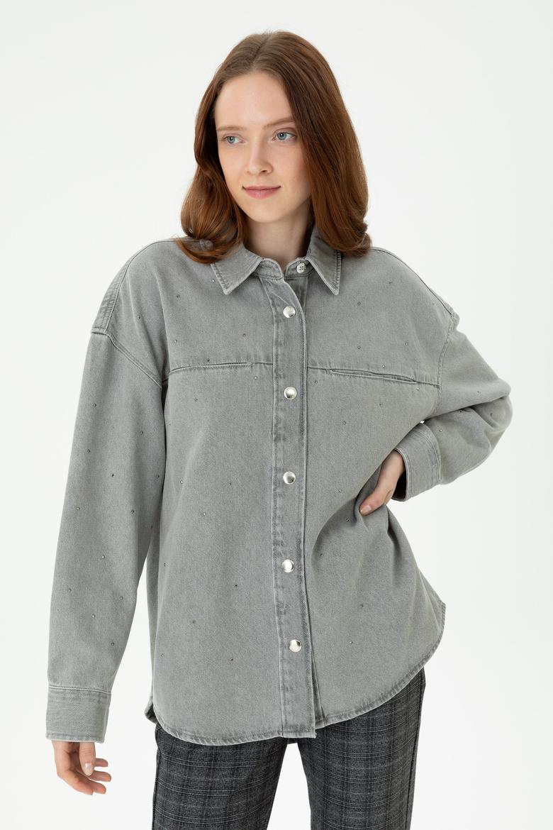 Kadın Gri Jean Gömlek