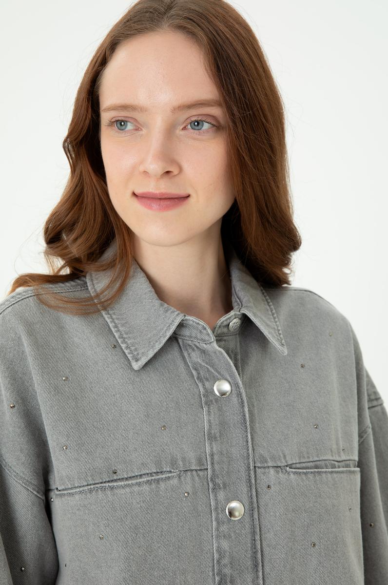 Kadın Gri Jean Gömlek