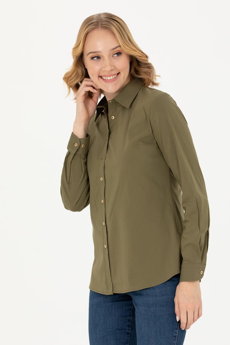 Kadın Haki Uzun Kollu Basic Gömlek
