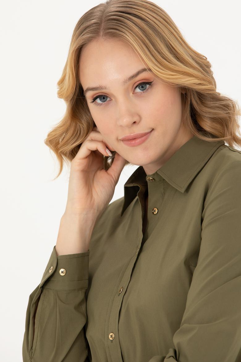 Kadın Haki Uzun Kollu Basic Gömlek - 50271263019