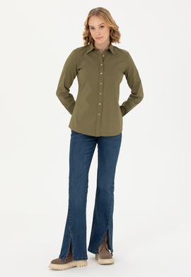 Kadın Haki Uzun Kollu Basic Gömlek - 50271263019