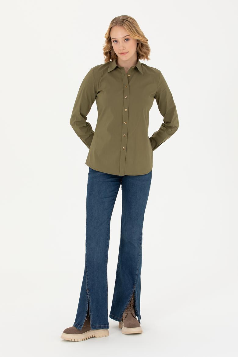 Kadın Haki Uzun Kollu Basic Gömlek - 50271263019