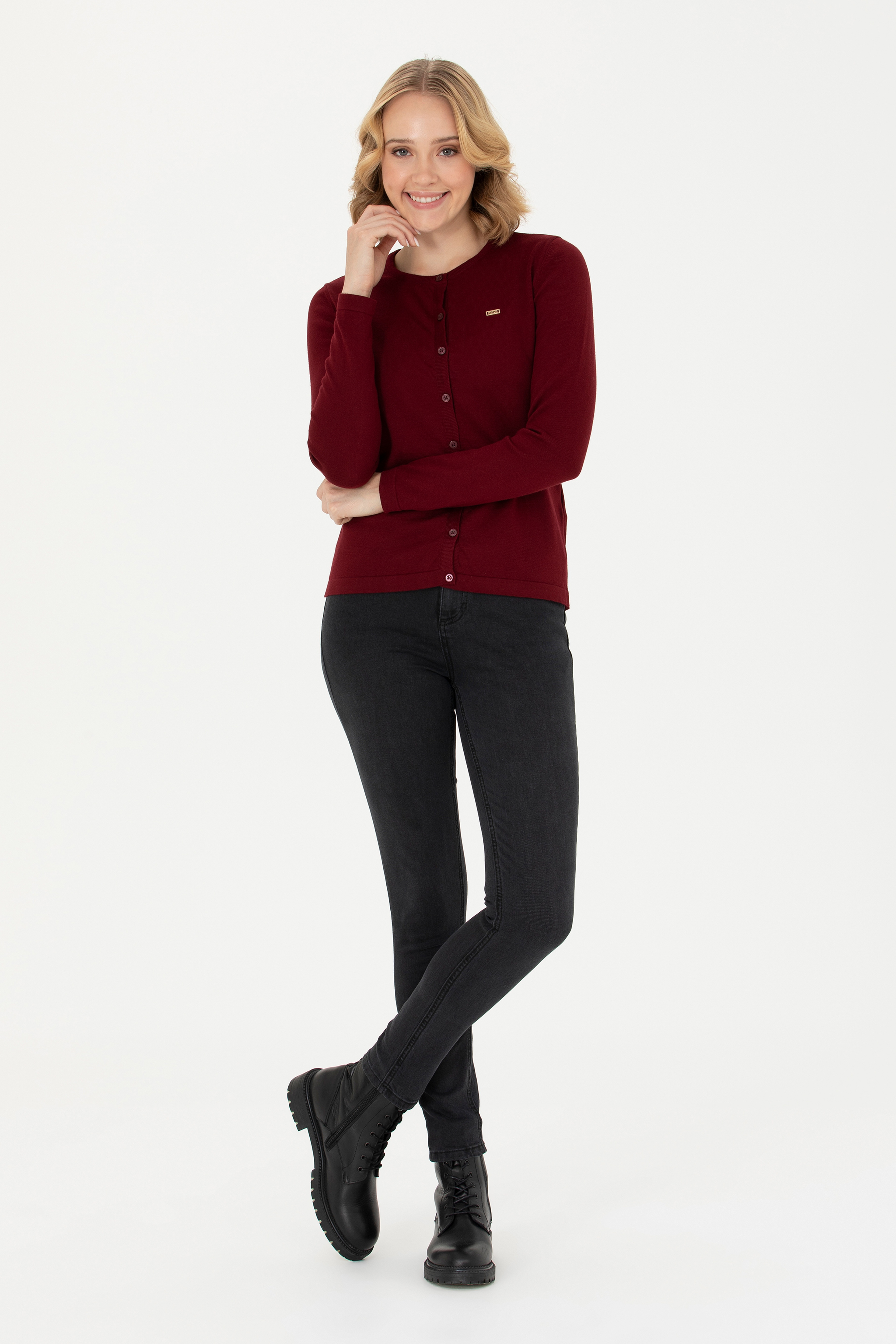 Kadın Bordo Basic Triko Hırka - Image 4