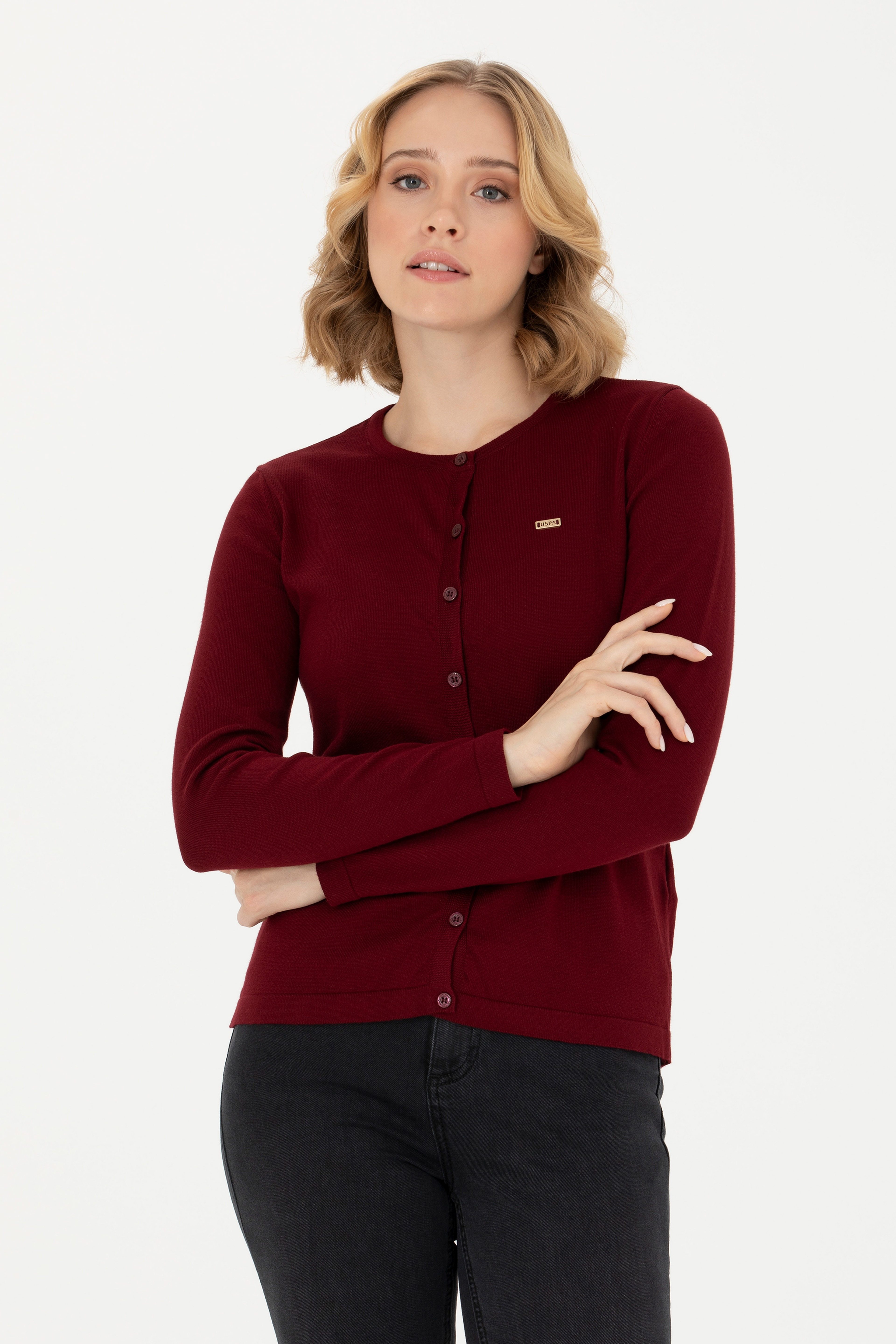 Kadın Bordo Basic Triko Hırka - Image 1