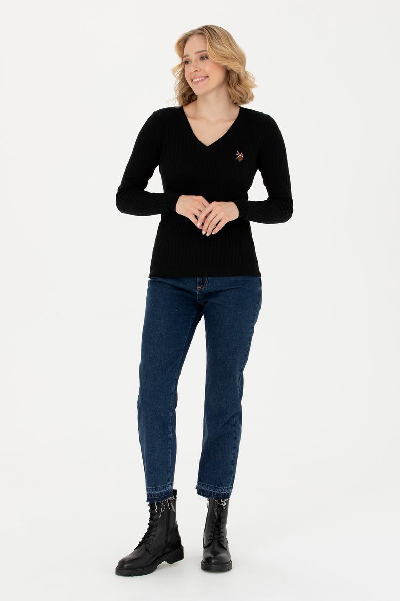 Kadın Siyah V Yaka Basic Kazak - 50269019012