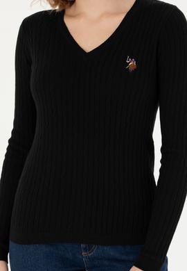 Kadın Siyah V Yaka Basic Kazak - 50269019012