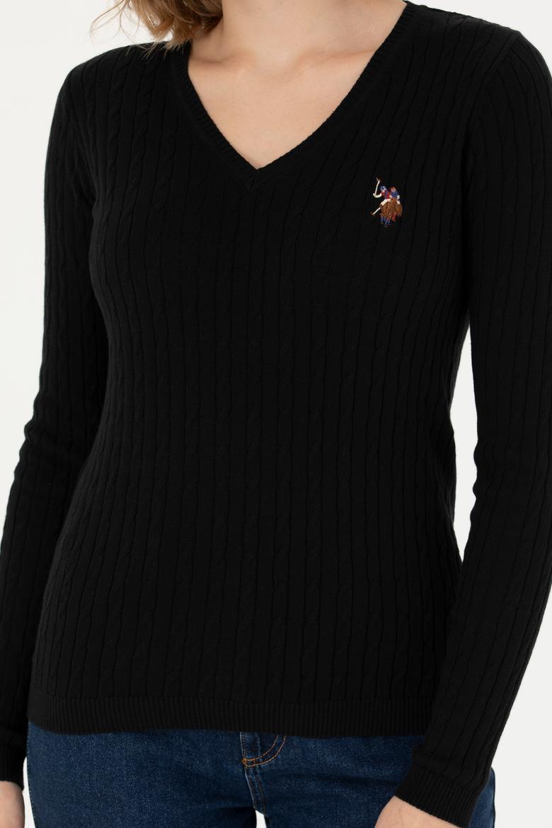 Kadın Siyah V Yaka Basic Kazak - 50269019012