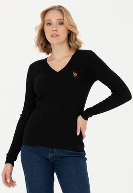 Kadın Siyah V Yaka Basic Kazak - 50269019012