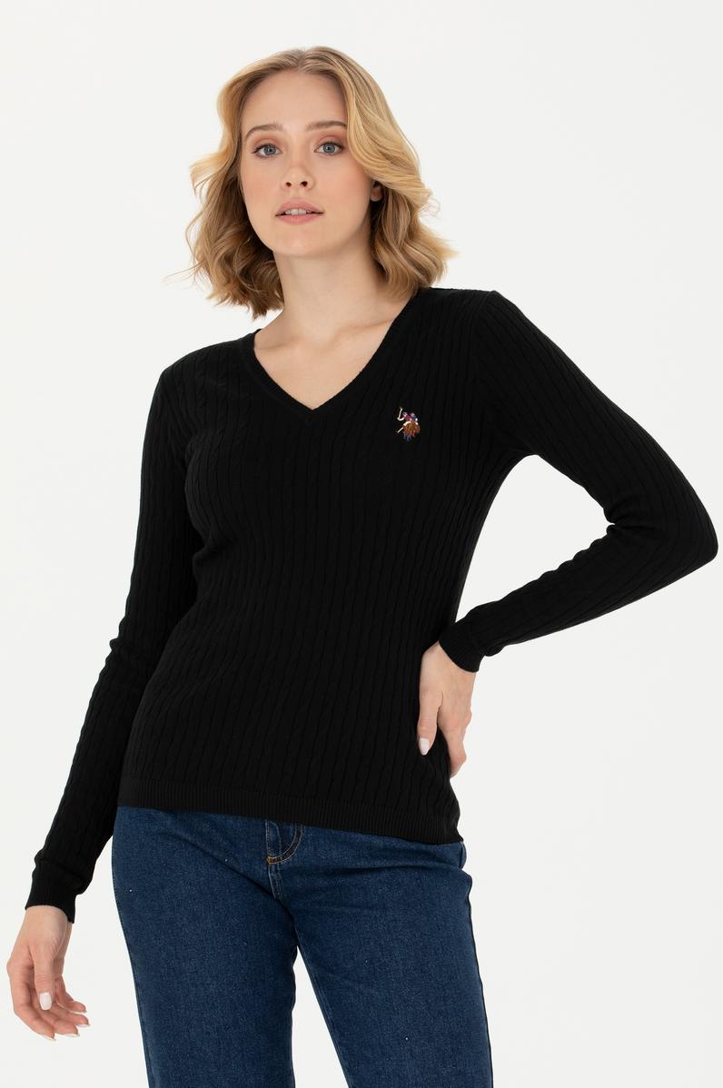 Kadın Siyah V Yaka Basic Kazak