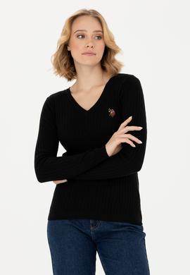 Kadın Siyah V Yaka Basic Kazak - 50269019012