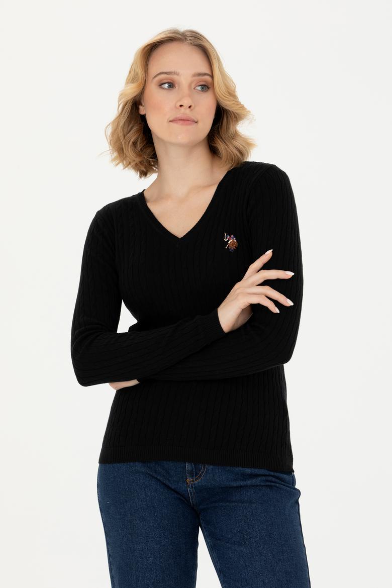 Kadın Siyah V Yaka Basic Kazak - 50269019012