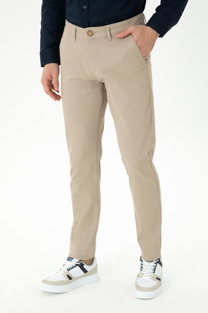 Erkek Slim Fit Koyu Bej Kanvas Pantolon