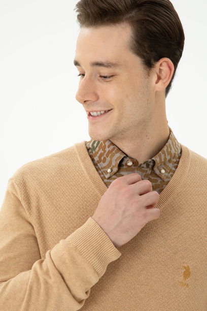 Erkek Slim Fit V Yaka Kum Melanj Kazak