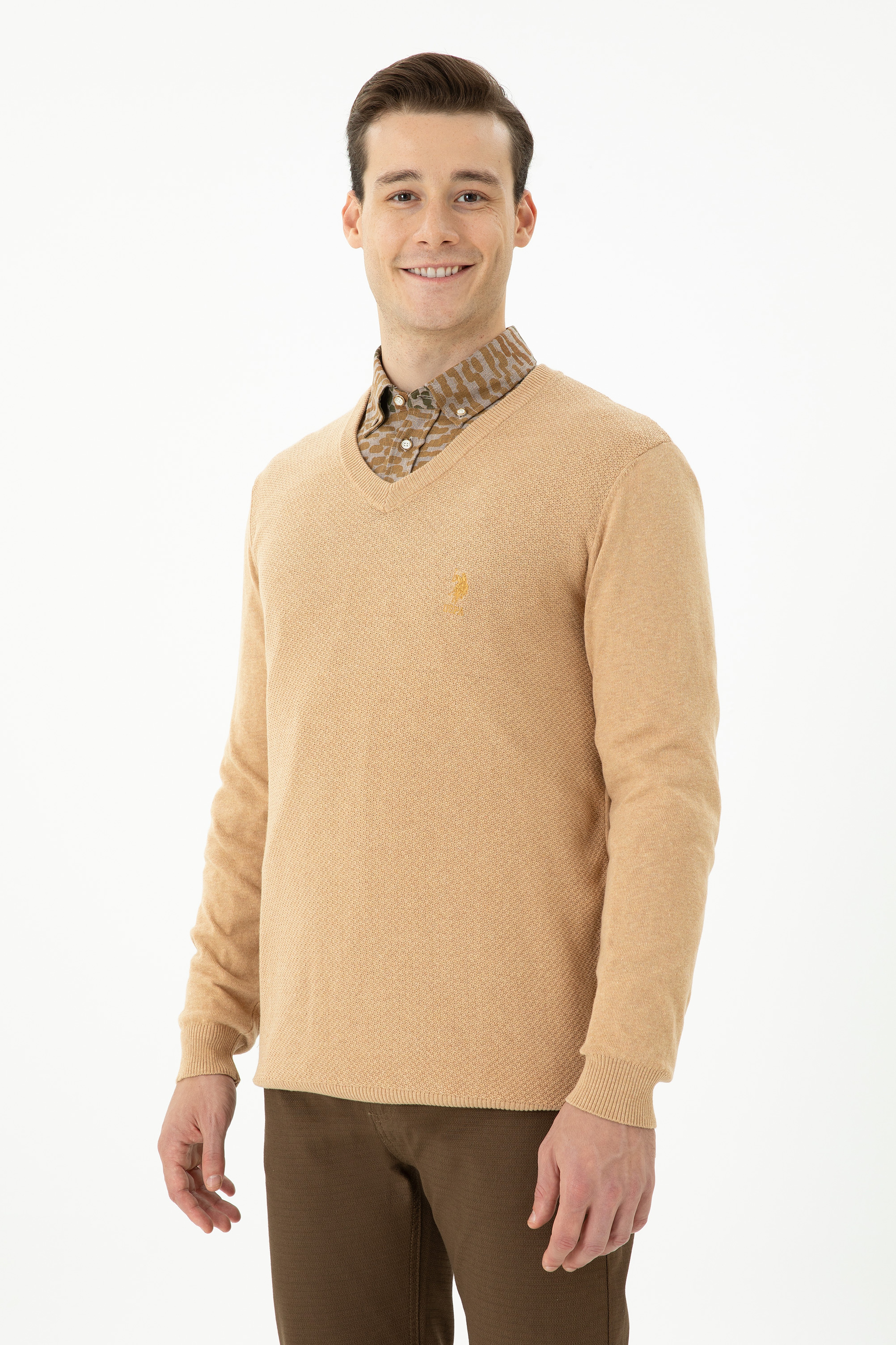 Erkek Slim Fit V Yaka Kum Melanj Kazak
