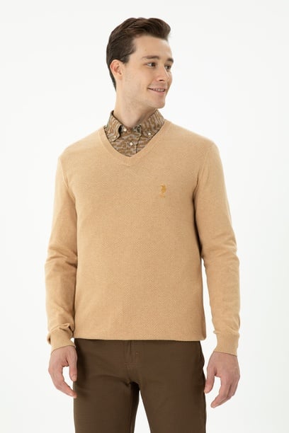 Erkek Slim Fit V Yaka Kum Melanj Kazak
