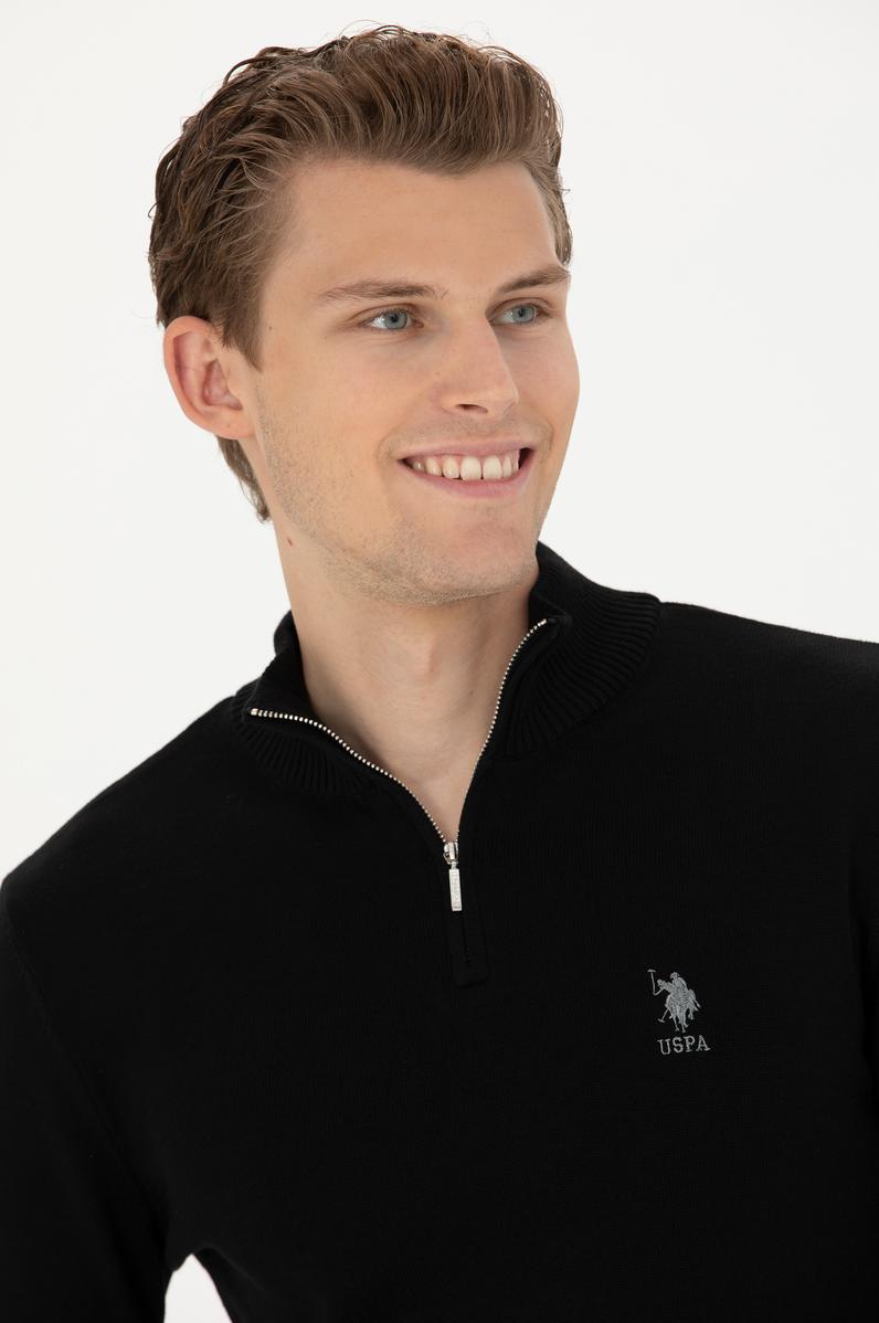 Erkek Siyah Yarım Fermuarlı Kazak