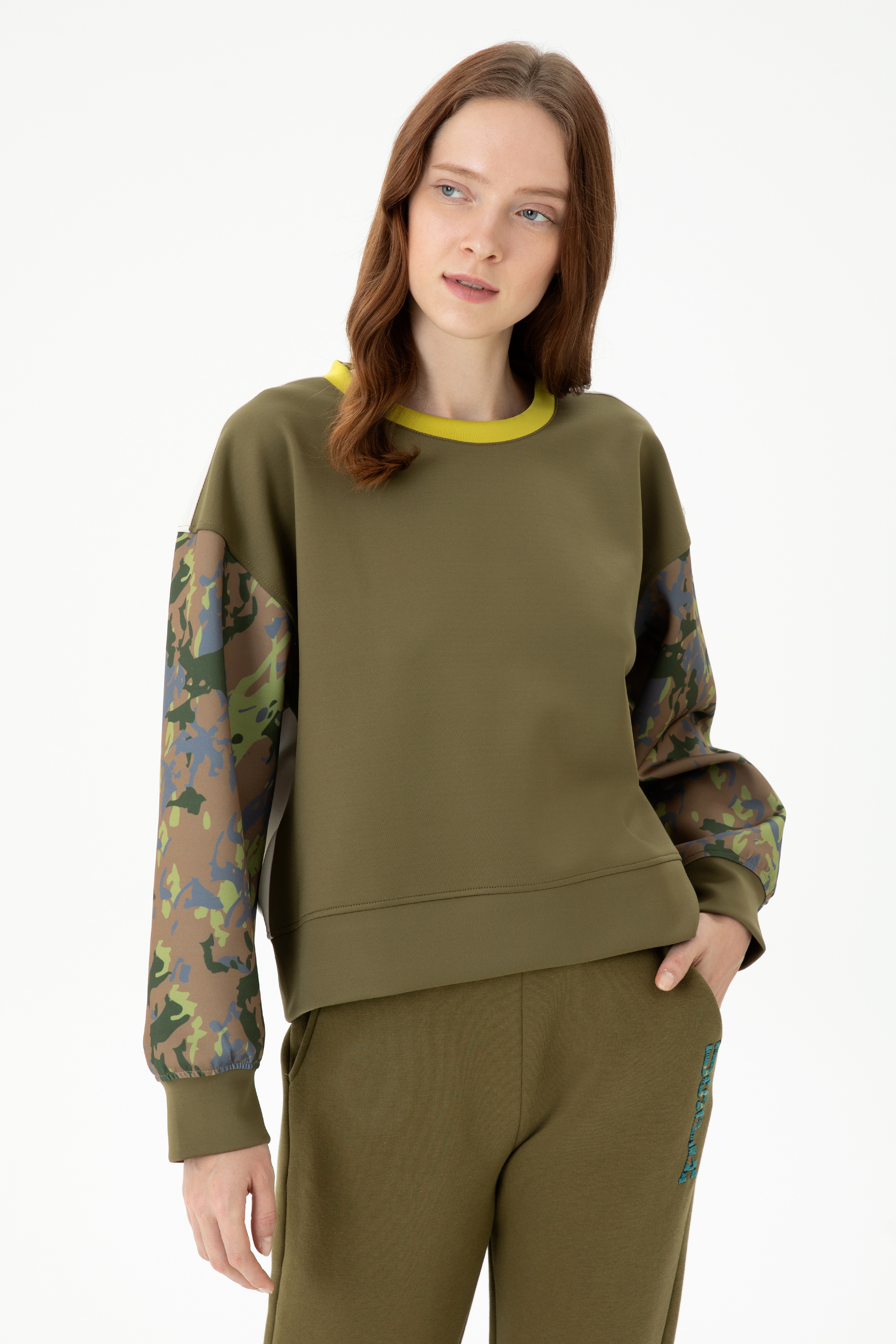 Kadın Haki Bisiklet Yaka Sweatshirt