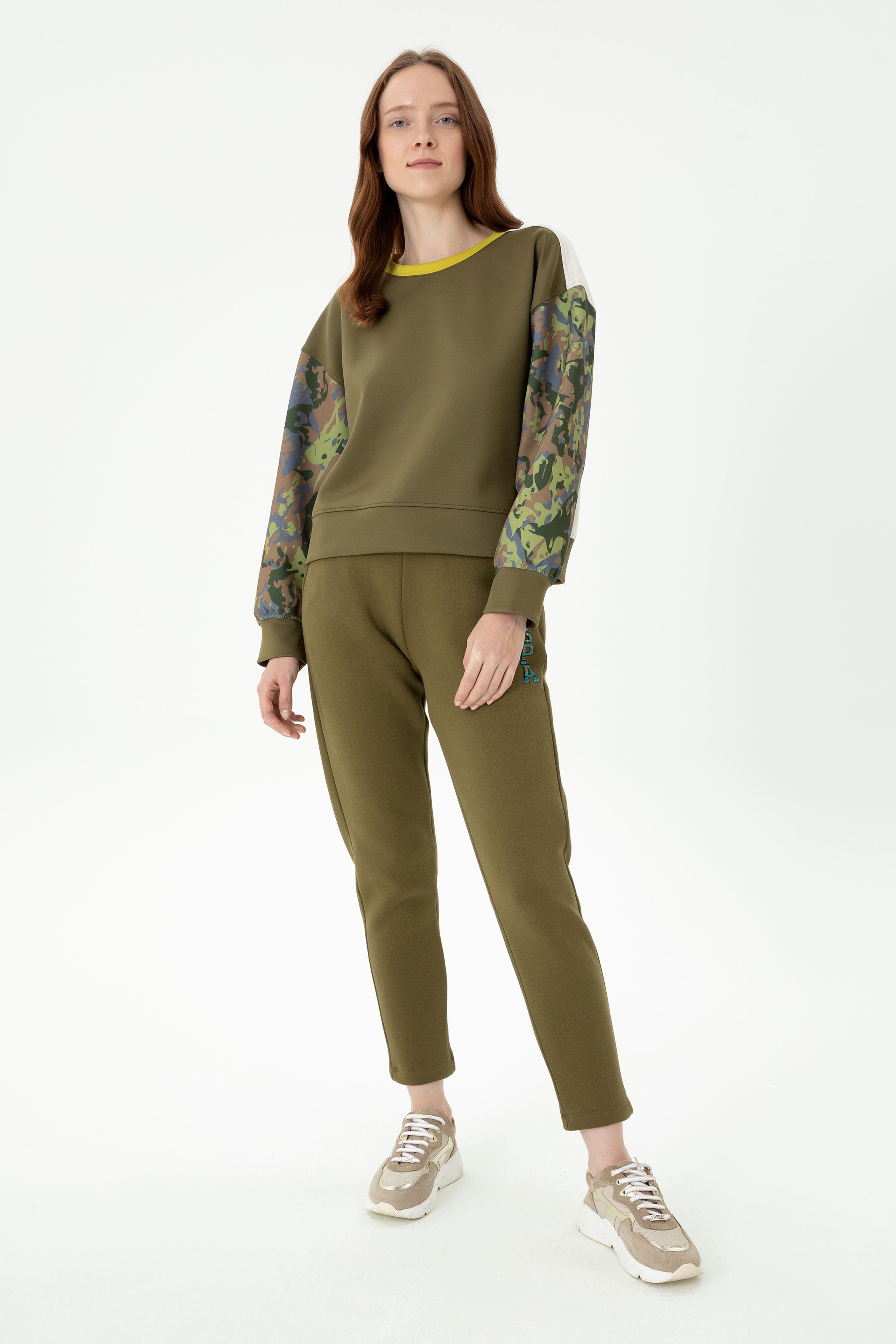Kadın Haki Bisiklet Yaka Sweatshirt - Image 5