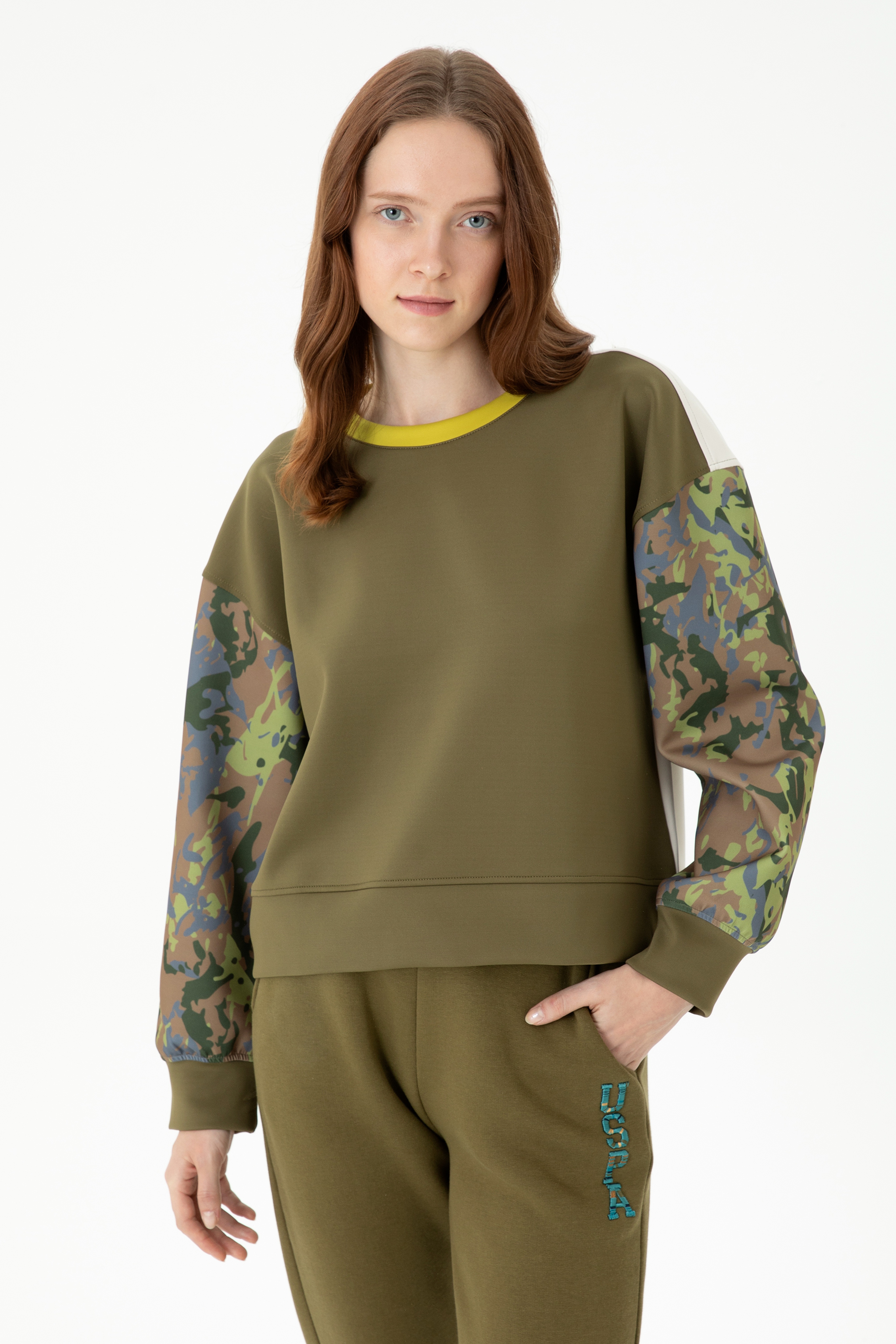 Kadın Haki Bisiklet Yaka Sweatshirt - Image 4