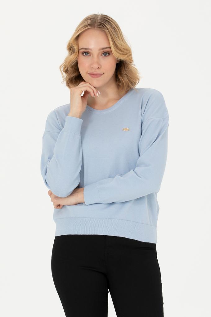 Kadın Mavi Melanj Bisiklet Yaka Kazak