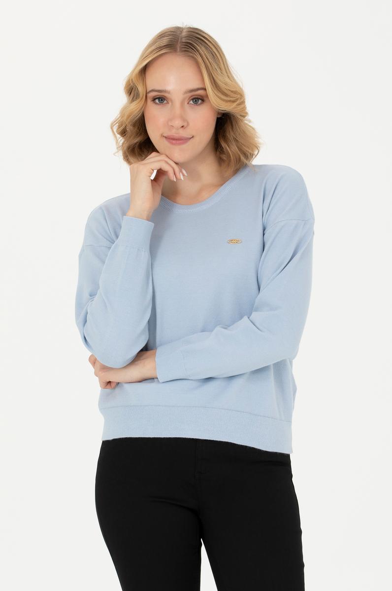 Kadın Mavi Melanj Bisiklet Yaka Kazak