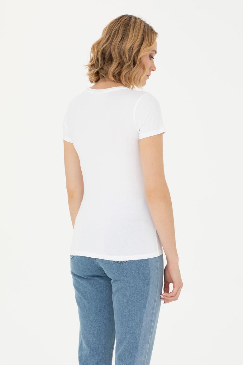 Kadın Beyaz Basic Bisiklet Yaka Tişört - 50262656006
